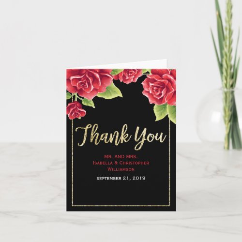 Watercolor Red Rose Black  Gold Glitter Thank You