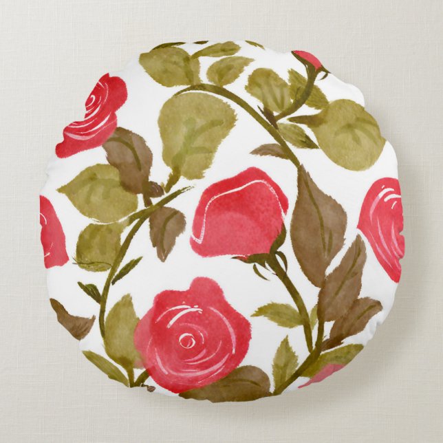 Watercolor Red Rose Bouquet Round Pillow (Front)