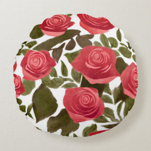 Watercolor Red Rose Bouquet Round Pillow