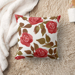 Watercolor Red Rose Bouquet Throw Pillow