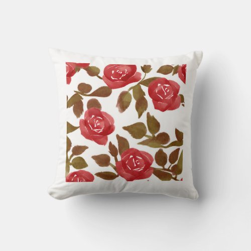 Watercolor Red Rose Bouquet Throw Pillow