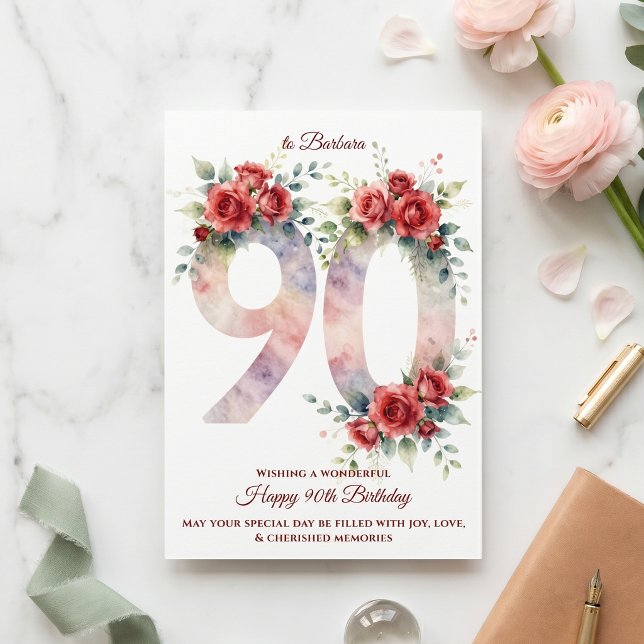 Watercolor Red Rose Floral 90th Birthday Greeting Card (Creator Uploaded)