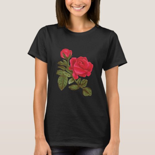 Watercolor Red Rose Flower Plant Garden  Rose  T_Shirt