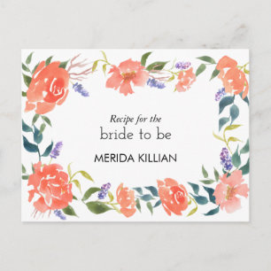 Watercolor Red Rose Flowers Bridal Shower Recipe Postcard
