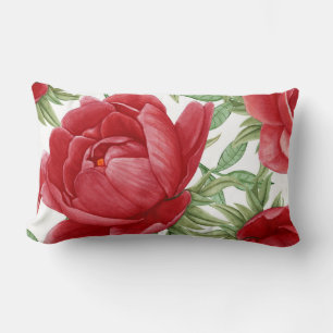 Watercolor Red Rose Print Lumbar Pillow