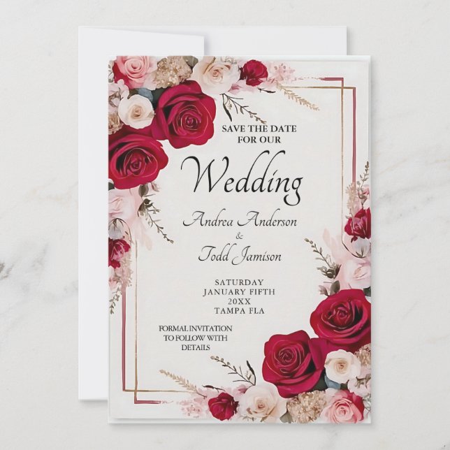 Watercolor red rose wedding save the date (Front)
