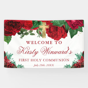 Watercolor Red Roses 1st Holy Communion Banner