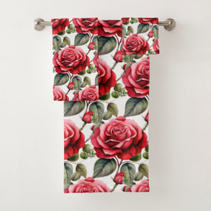 Watercolor Red Roses  Bath Towel Set