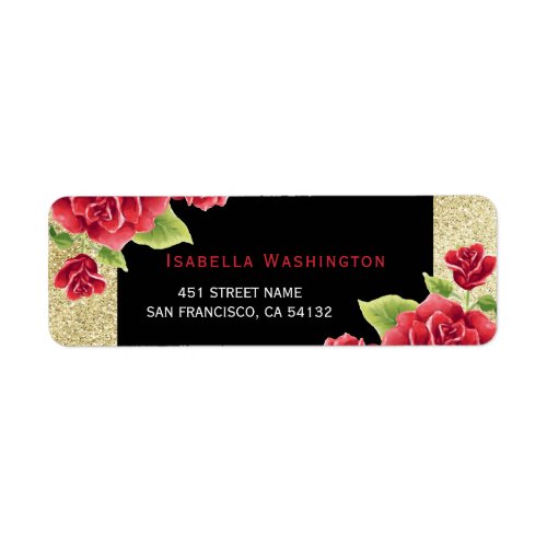 Watercolor Red Roses Black  Gold Glitter Label