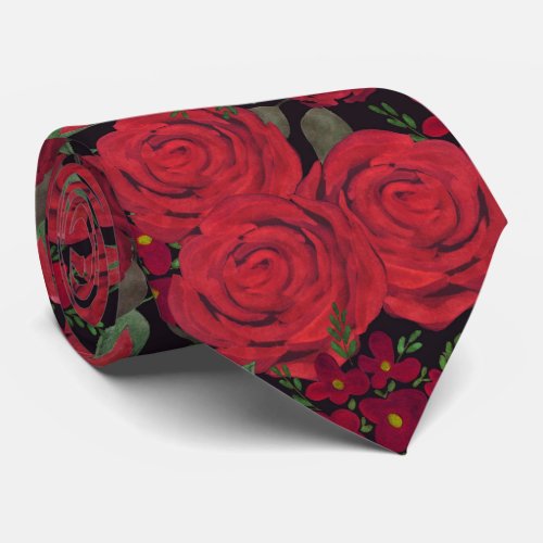 Watercolor red roses black rose floral pattern neck tie