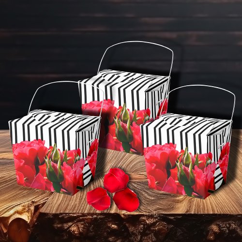 Watercolor Red Roses Black White Stripes Take Out Favor Boxes
