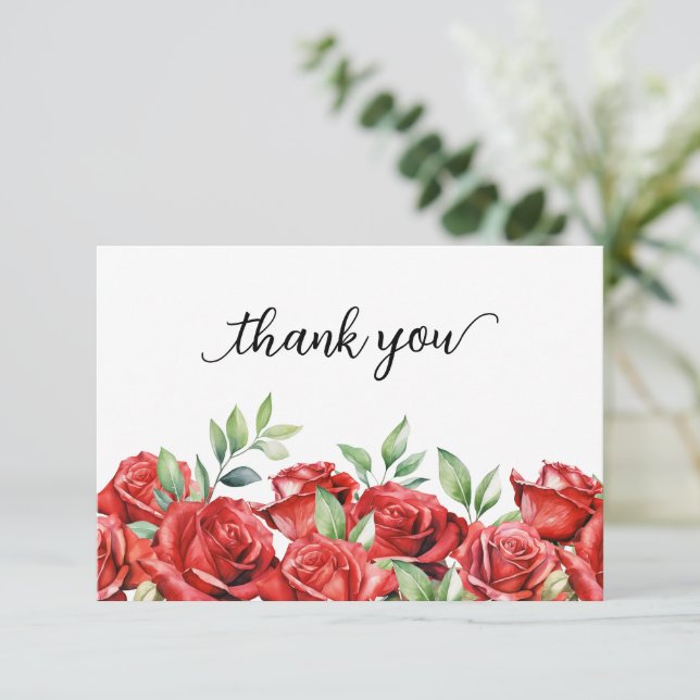 Watercolor Red Roses Border Thank You Card (Standing Front)