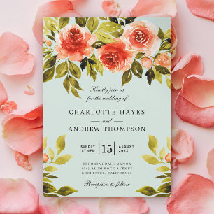 Watercolor Red Roses Botanical Mint Green Wedding Invitation