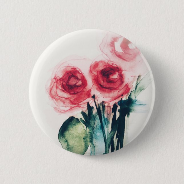 Watercolor Red Roses Button (Front)