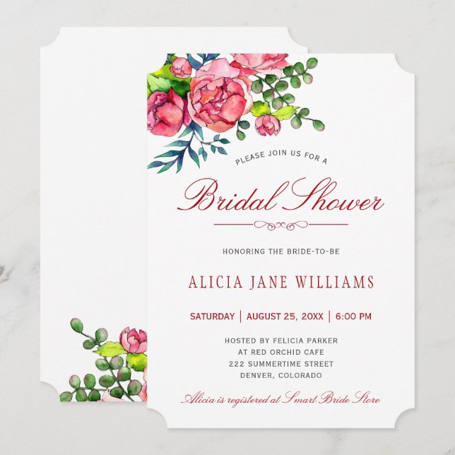 Watercolor red roses calligraphy bridal shower invitation (Front/Back)