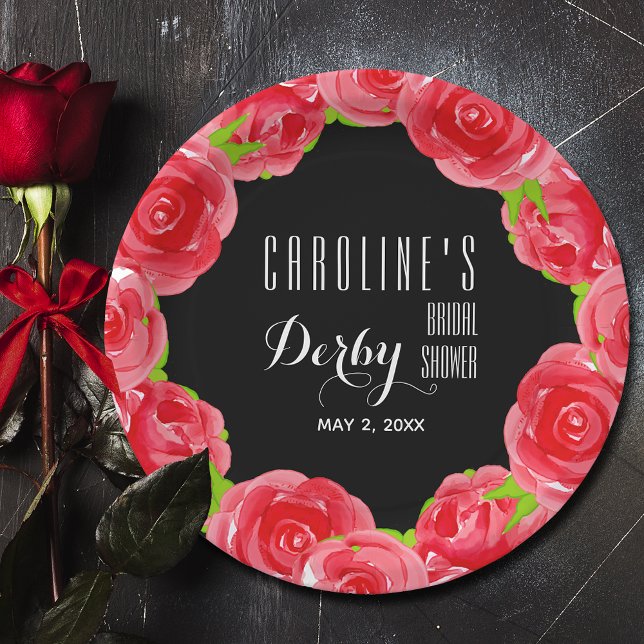 Watercolor Red Roses Derby Bridal Shower Paper Plates (Creator Uploaded)