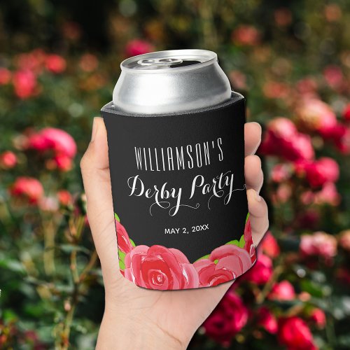 Watercolor Red Roses Derby Party Can Cooler