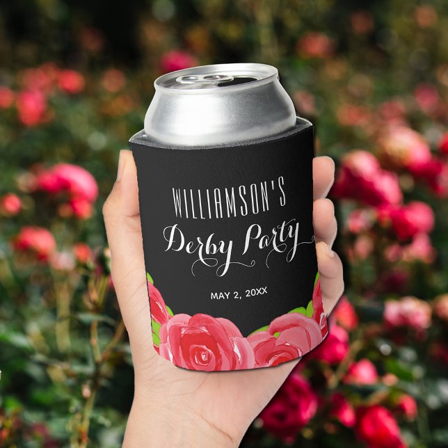 Watercolor Red Roses Derby Party Can Cooler (Watercolor Red Roses Derby Party Beverage Can Coolers)