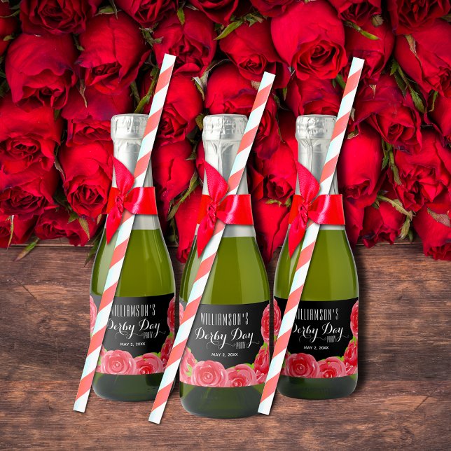 Watercolor Red Roses Derby Party Mini Sparkling Wine Label (Watercolor Red Roses Derby Party Mini Sparkling Wine Bottle  Labels (straws, ribbons not included))