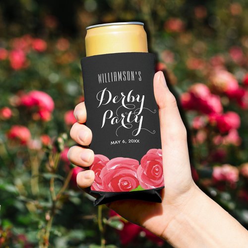Watercolor Red Roses Derby Party Seltzer Can Cooler