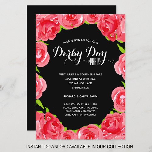 Watercolor Red Roses Derby Race Party Invitations