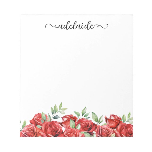 Watercolor Red Roses Floral Border Script Name Notepad (Front)