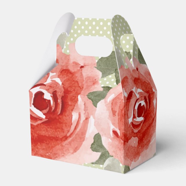 Watercolor Red Roses Floral Gable Favor Boxes (Front Side)