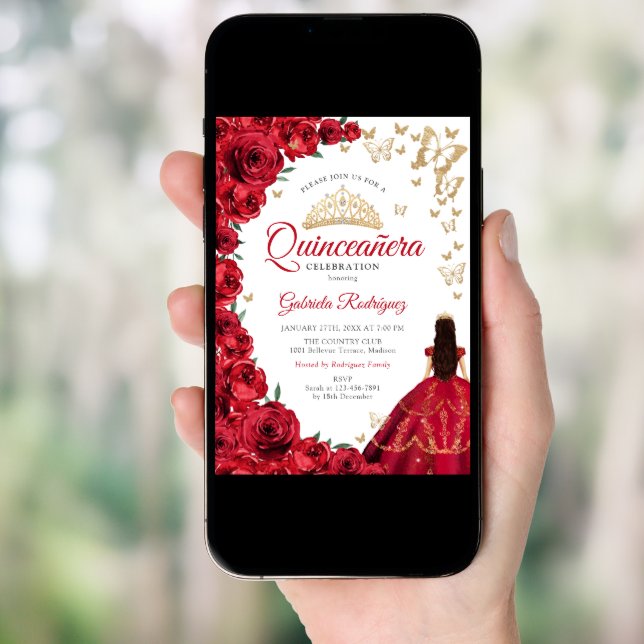 Watercolor Red Roses Floral Quinceanera Invitation (Front Digital)