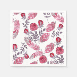 Watercolor red roses flowers feathers white napkins