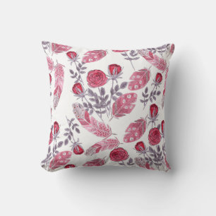 Watercolor red roses flowers feathers white throw pillow