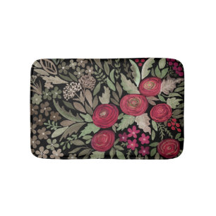 Watercolor red roses flowers small floral green le bath mat