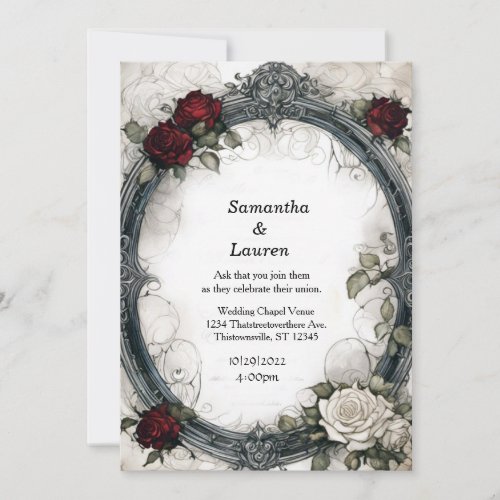 Watercolor Red Roses Framed Goth Wedding Invitation