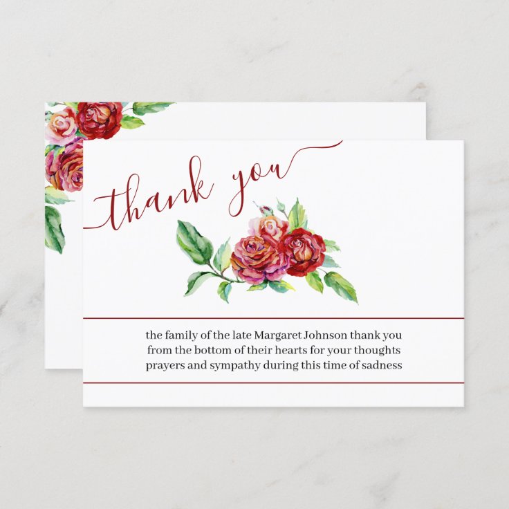 Watercolor Red Roses Funeral Thank You Card | Zazzle