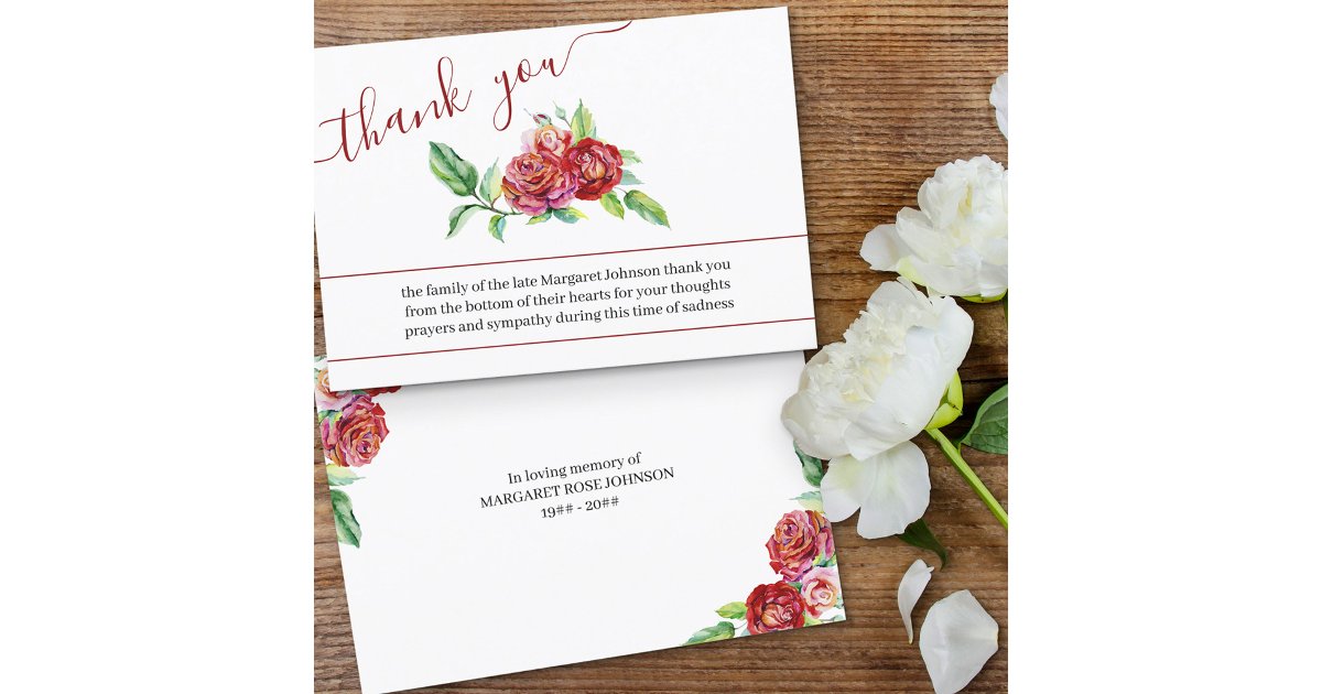 Watercolor Red Roses Funeral Thank You Card | Zazzle