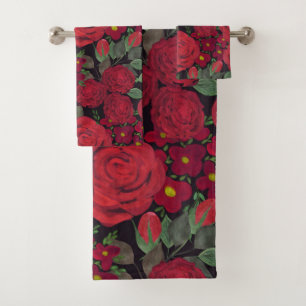 Watercolor red roses on black, bath towel set