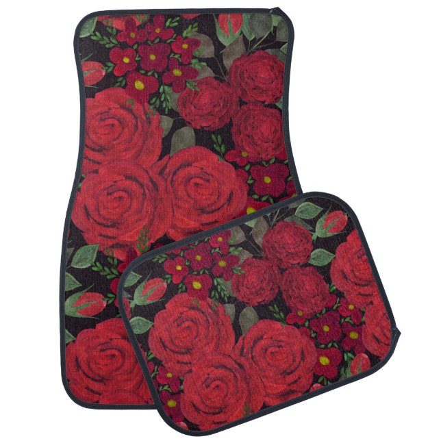Watercolor red roses on black, car floor mat (Set)