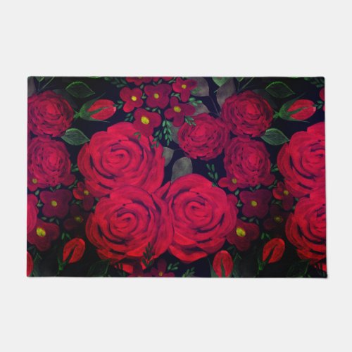 Watercolor red roses on black doormat