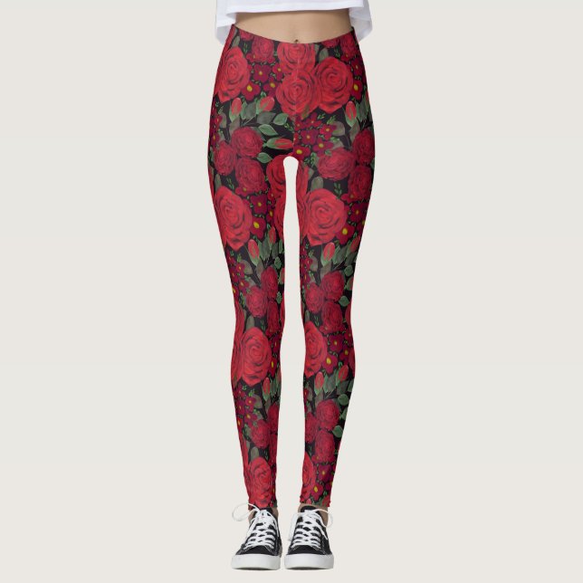 Watercolor red roses on black, leggings (Front)