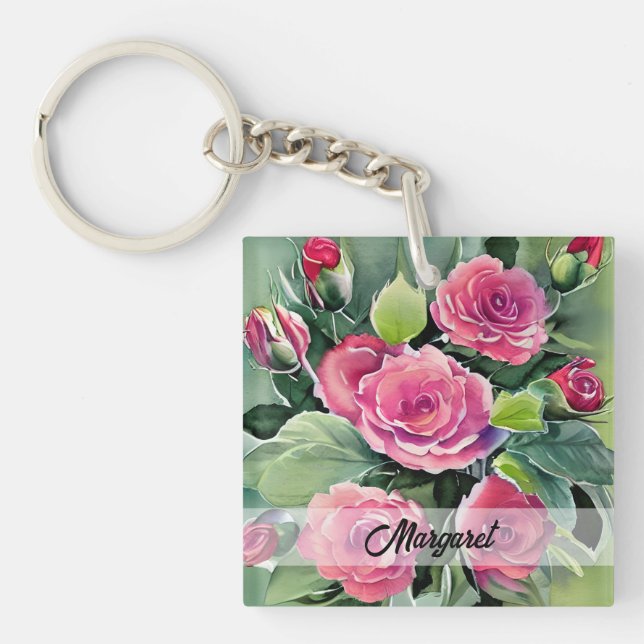 Watercolor Red Roses Personalized Keychain (Front)