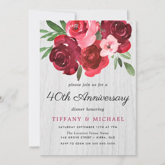 Watercolor Red Roses Rustic 40th Anniversary Invitation (Front)