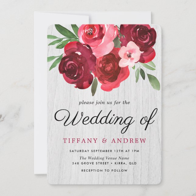 Watercolor Red Roses Rustic Wedding Invite (Front)