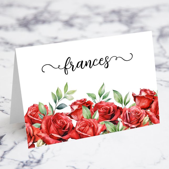 Watercolor Red Roses Script Name Place Cards (Watercolor Red Roses Script Individual Guest Name Wedding Place Cards)