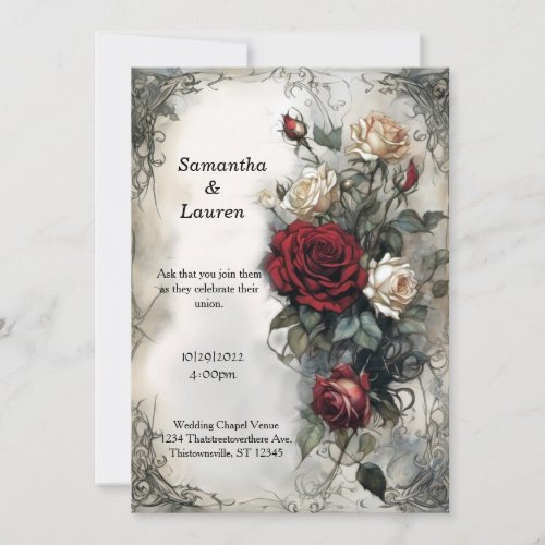 Watercolor Red Roses Vintage Goth Wedding Invitation