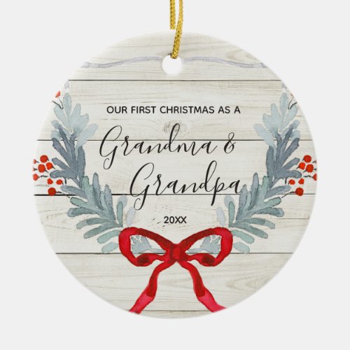 Watercolor Red Rustic Grandma Grandpa Christmas  Ceramic Ornament