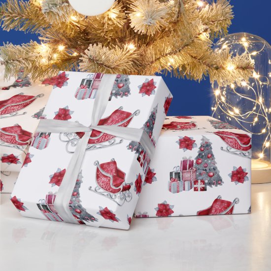 Watercolor Red Sleigh, Christmas Tree, Packages Wrapping Paper