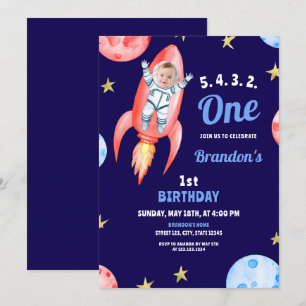 Watercolor Red Space Rocket Astronaut 1st Birthday Invitation