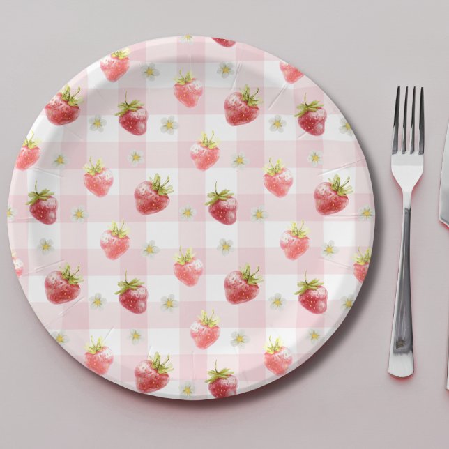 Watercolor Red Strawberry Pink Plaid  Paper Plates (Creator Uploaded)