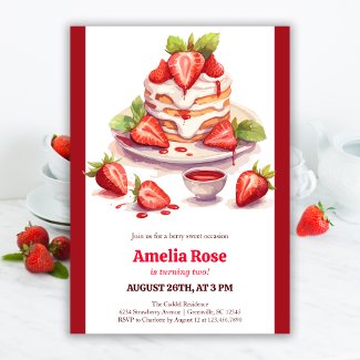 Watercolor Red Strawberry Shortcake Kids Birthday