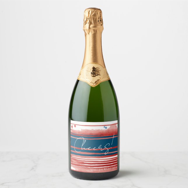 Watercolor Red Stripes and Blue Band Sparkling Wine Label (Front)