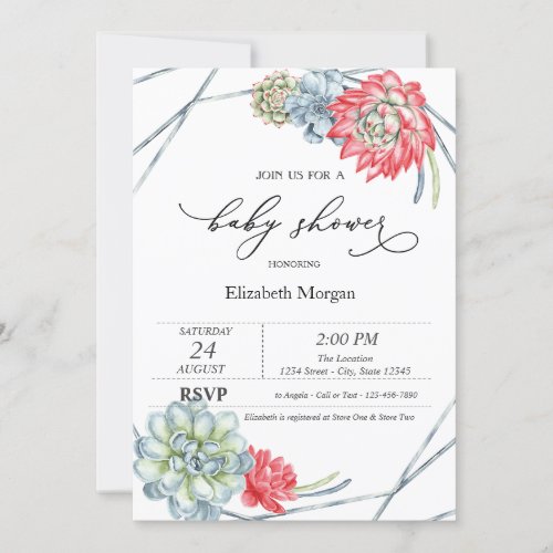 Watercolor Red Succulents Baby Shower Invitation